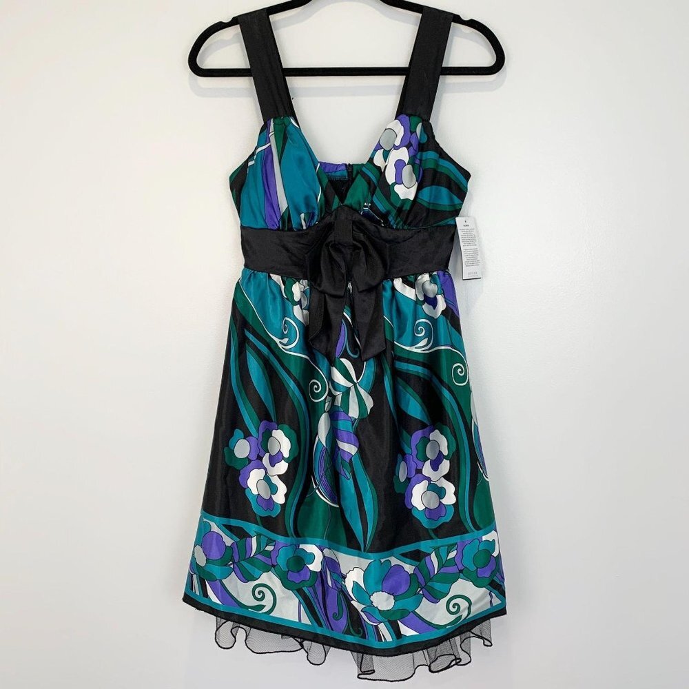 NWT Guess Abstract Print Black Bow Front Dress L